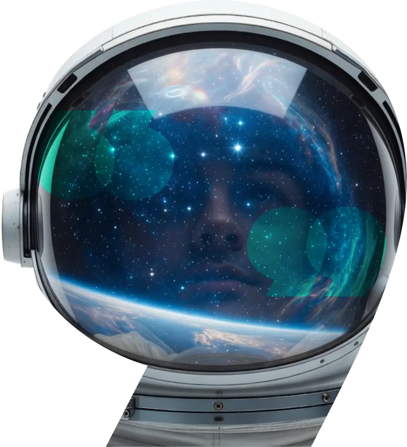 Astronaut helmet reflecting the stars, framed in the 3comma comma shape