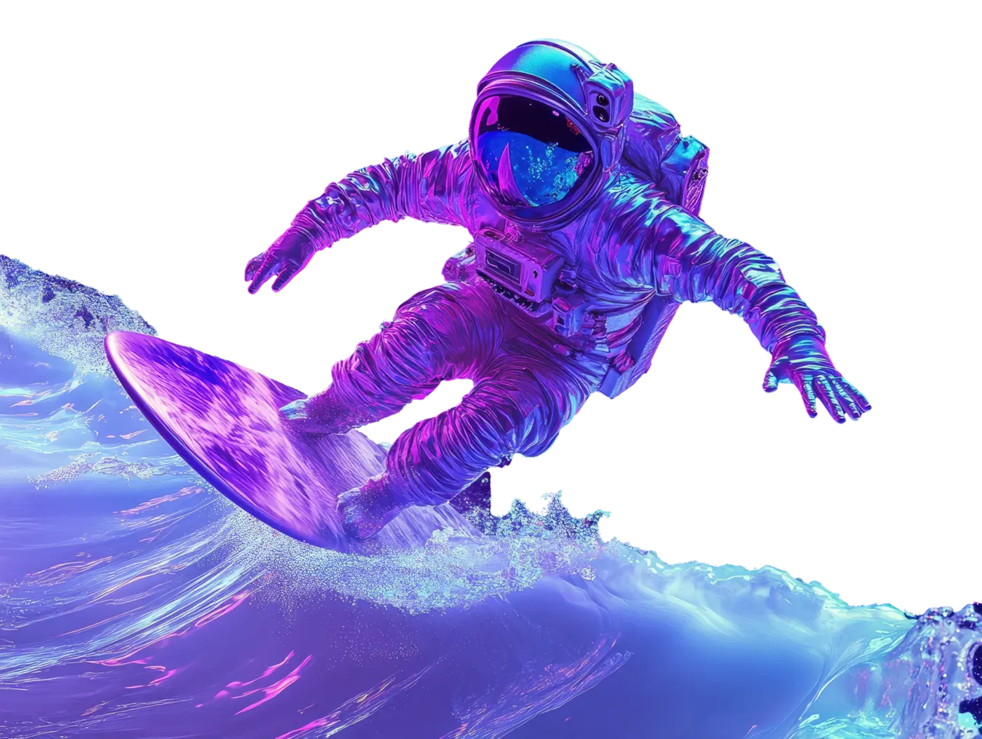 Astronaut surfing a violet wave